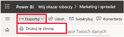 Zrzut ekranu z rozwiniętym Power BI menu Plik i podświetlonym przyciskiem Drukuj tę stronę.