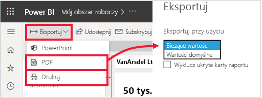 Zrzut ekranu z rozwiniętym Power BI menu Eksportuj i podświetloną opcją PDF.