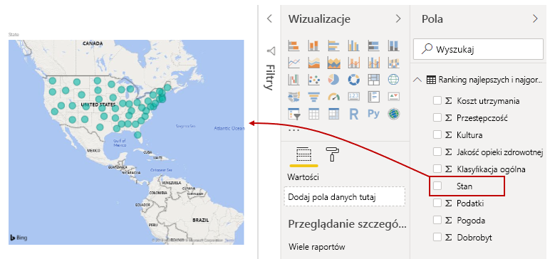 Przeciągnij pole na kanwę widoku raportu, aby utworzyć wizualizację.