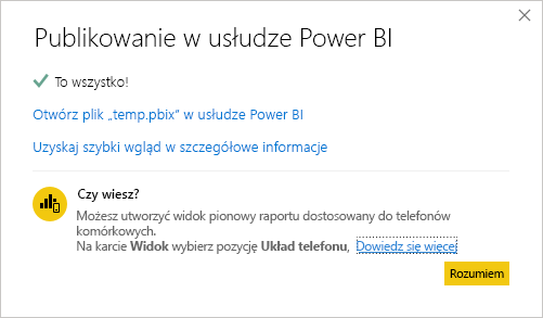 Zrzut ekranu z komunikatem o powodzeniu publikowania Power BI .