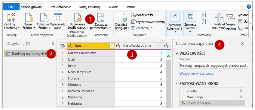 Cztery obszary ekranu Edytora Power Query .