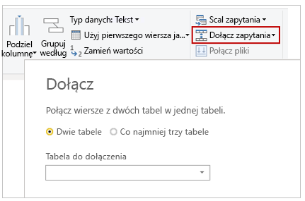 Zrzut ekranu przycisku Dołącz zapytania i okna dialogowego.