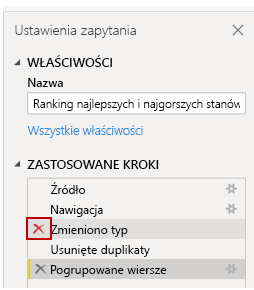 Zrzut ekranu przedstawiający sposób usuwania kroków z sekcji Zastosowane kroki.