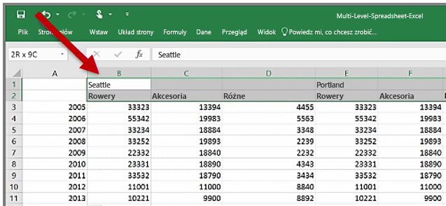 Arkusz kalkulacyjny Excel z nagłówkami obejmującymi wiele kolumn.