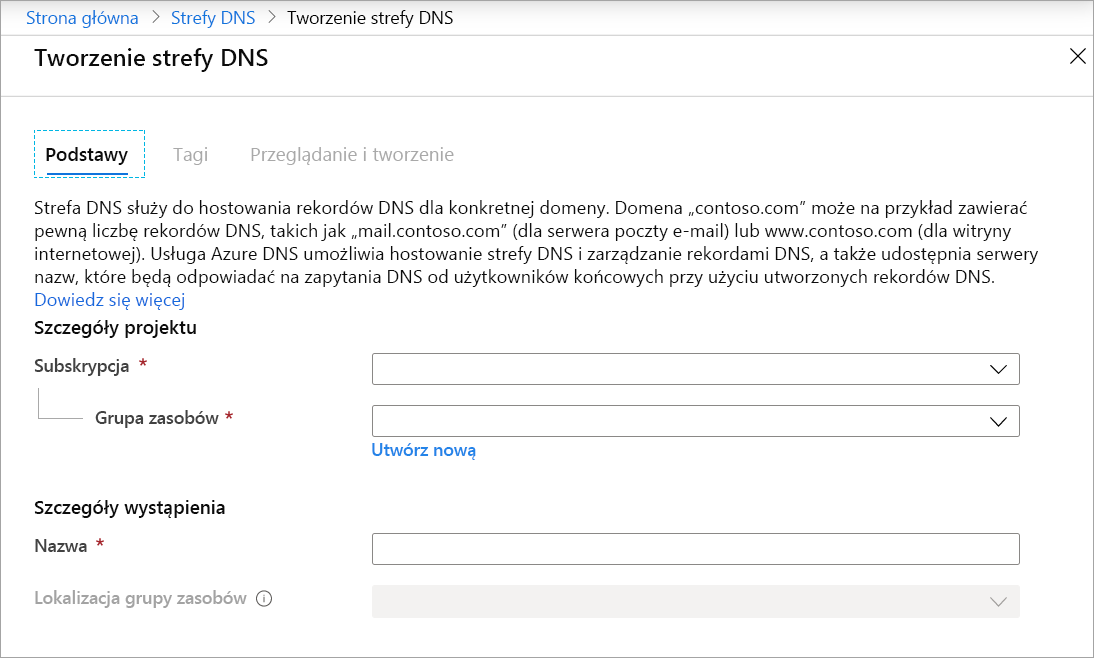 Zrzut ekranu przedstawiający stronę Tworzenie strefy DNS.