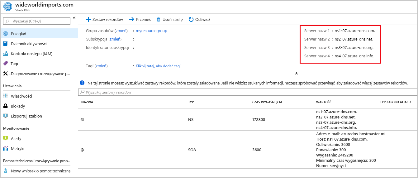 Zrzut ekranu przedstawiający szczegóły serwera nazw na stronie strefy DNS.