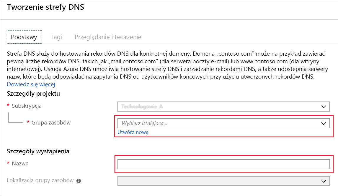 Zrzut ekranu przedstawiający stronę Tworzenie strefy DNS.