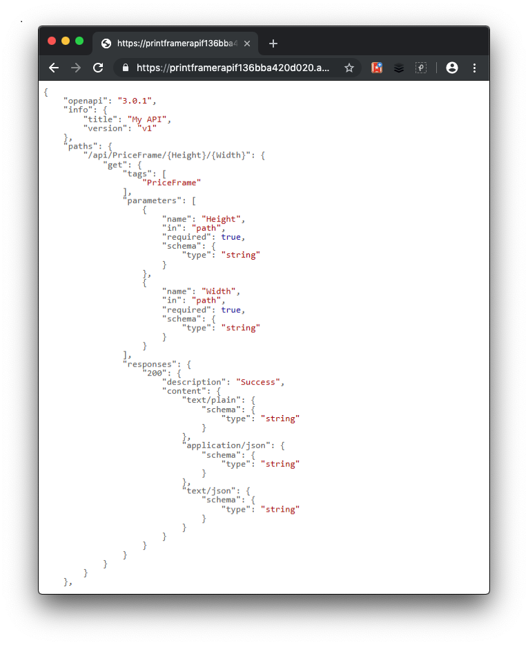 Swagger.json odpowiedź w przeglądarce z definicją naszego interfejsu API.