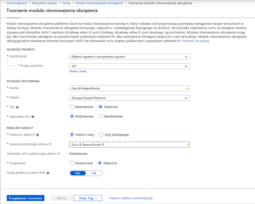 Zrzut ekranu przedstawiający kartę Podstawowe na ekranie Tworzenie modułu równoważenia obciążenia w witrynie Azure Portal.