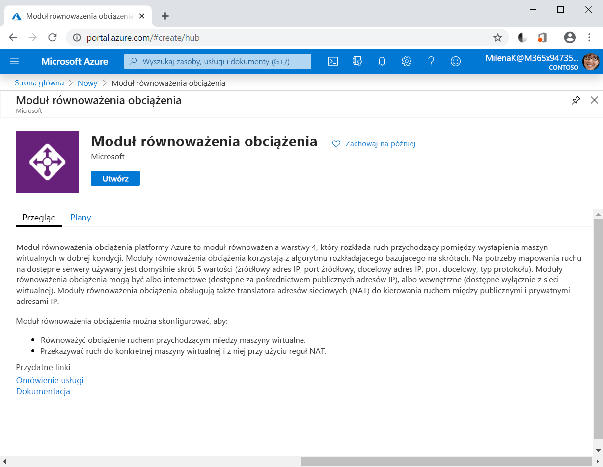 Utwórz wystąpienie usługi Load Balancer w witrynie Azure Portal.