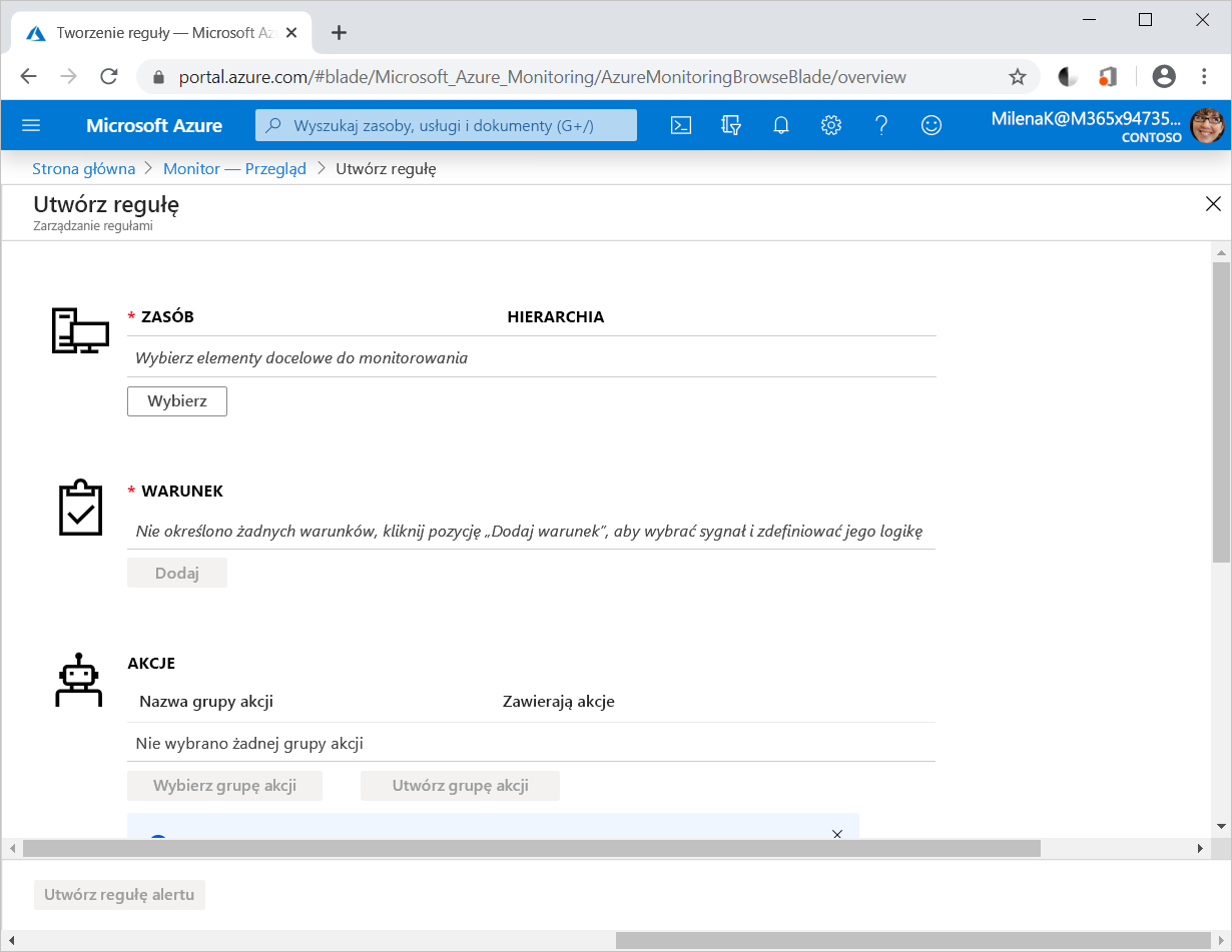 Zrzut ekranu przedstawiający stronę Tworzenie reguły w portalu usługi Azure Monitor.