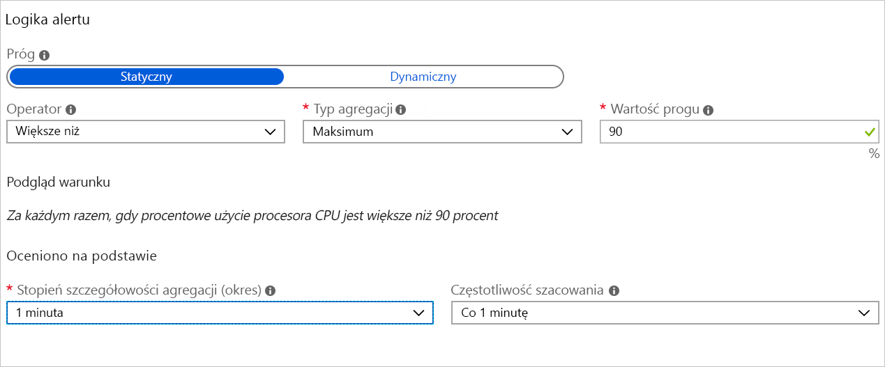 Zrzut ekranu przedstawiający ustawienia logiki warunku metryki.