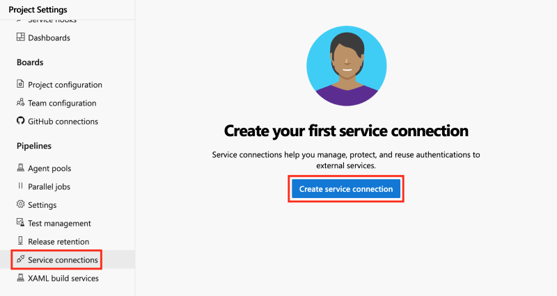 Screenshot of Azure DevOps that shows the Service connections pane, with the Create service connection button highlighted.