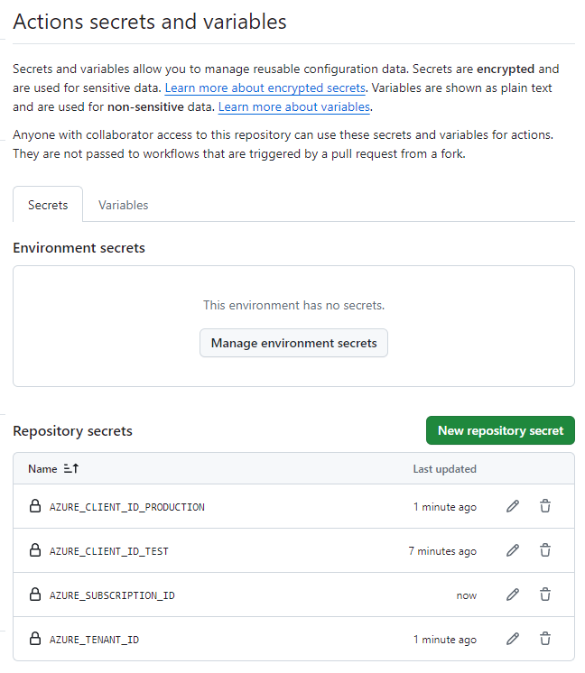 Zrzut ekranu przedstawiający interfejs usługi GitHub z listą wpisów tajnych, w tym zarówno wpisów tajnych testowych, jak i produkcyjnych.