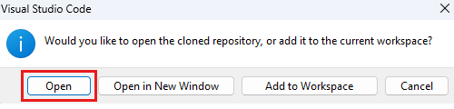 Screenshot of Visual Studio Code that shows a prompt to open the cloned repository, with the Open button highlighted.