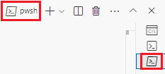 Zrzut ekranu przedstawiający okno terminalu programu Visual Studio Code z opcją pwsh wyświetlaną na liście rozwijanej powłoki.