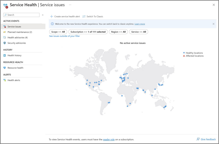 Zrzut ekranu przedstawiający przełączanie usługi Azure Serice Health na widok klasyczny.