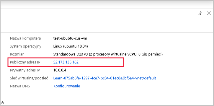 Zrzut ekranu przedstawiający podstawowe i właściwości maszyny wirtualnej z wyróżnionym publicznym adresem IP.