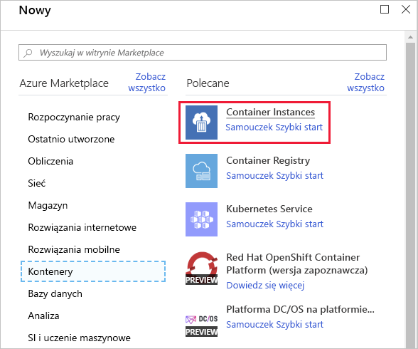 Zrzut ekranu przedstawiający wystąpienia kontenera.