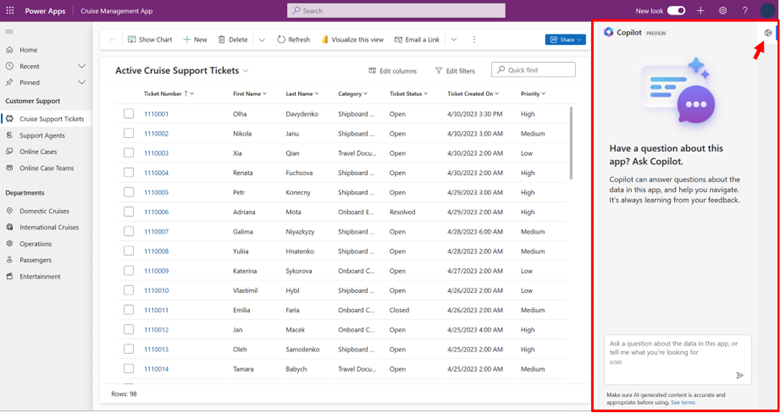 Screenshot of Copilot right pane in a model-driven app.