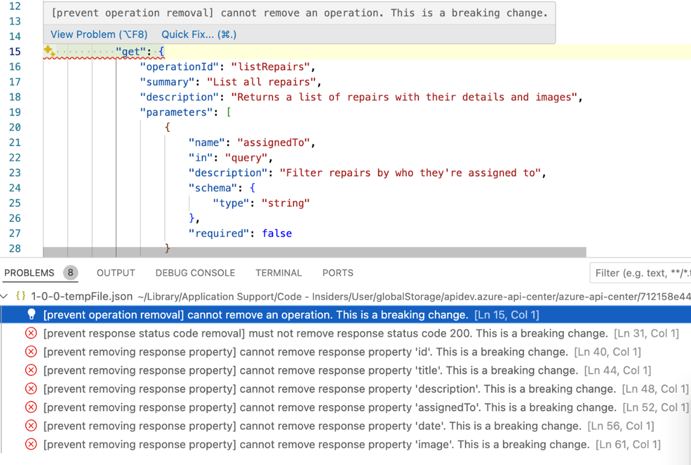 Zrzut ekranu przedstawiający wykrywanie zmian powodujących niezgodność w programie vs code