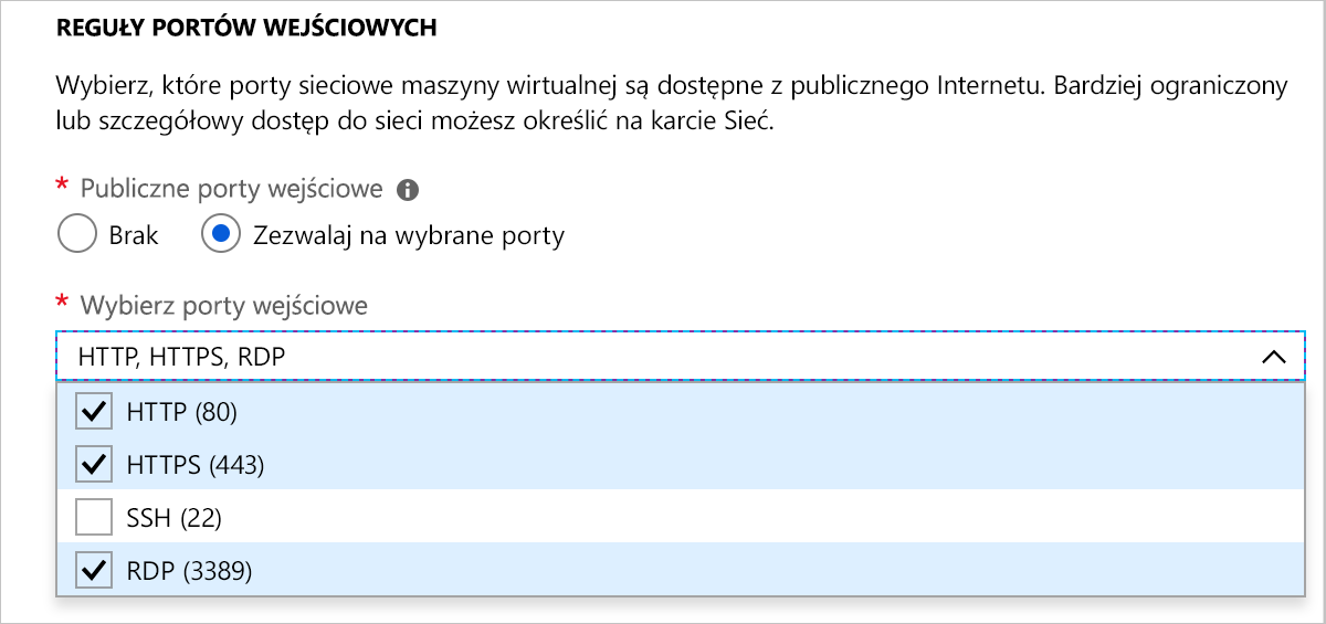 Zrzut ekranu przedstawiający sekcję reguły portów ruchu przychodzącego z wybranymi protokołami HTTP, HTTPS i RDP.