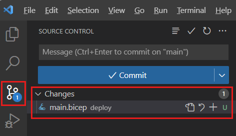 Zrzut ekranu programu Visual Studio Code przedstawiający kontrolkę źródła z jedną zmianą wskaźnika ikony i plikiem main.bicep wymienionym jako zmieniony plik.