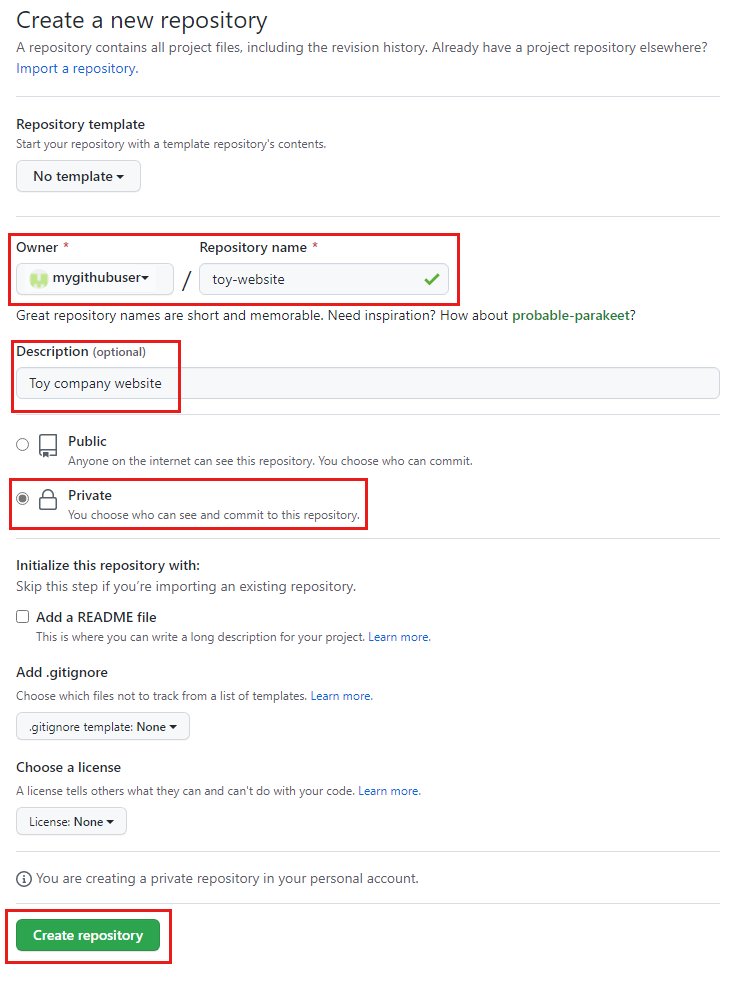 Zrzut ekranu przedstawiający interfejs usługi GitHub przedstawiający konfigurację repozytorium do utworzenia.