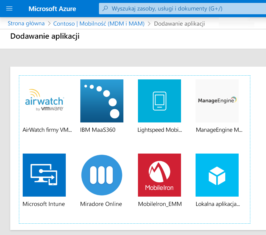 Zrzut ekranu pokazujący aplikacje mobilności, które można dodać, takie jak Microsoft Intune.