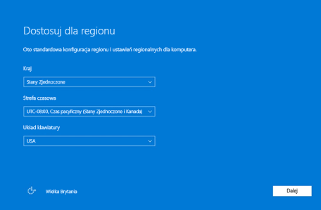 Zrzut ekranu przedstawiający dostosowywanie regionu dla systemu Windows 10.