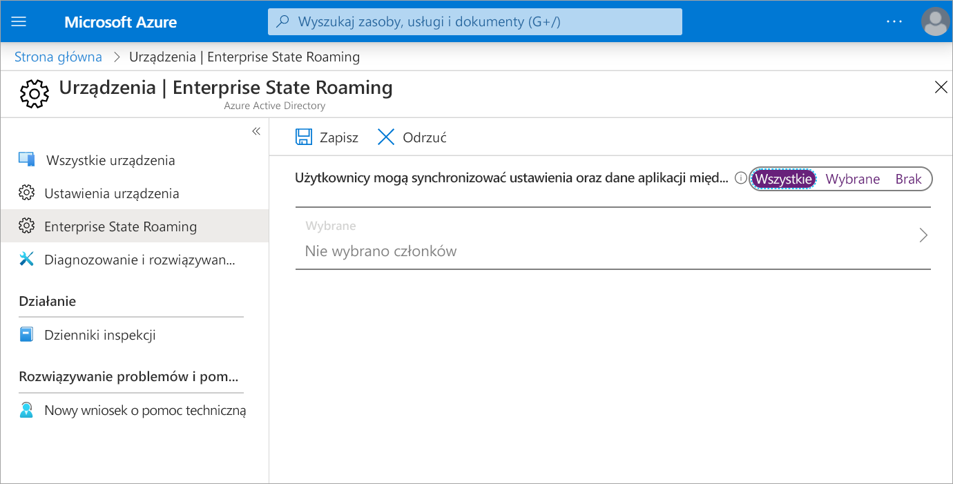 Zrzut ekranu przedstawiający opcje usługi Enterprise State Roaming w witrynie Azure Portal.