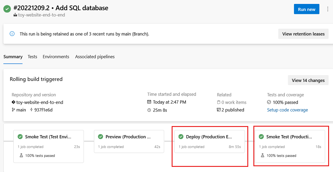 Screenshot of Azure DevOps showing the pipeline run with all stages showing success.