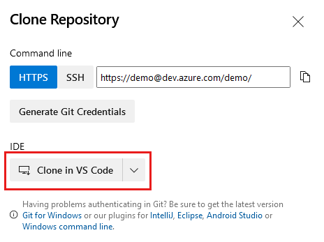 Zrzut ekranu usługi Azure DevOps przedstawiający ustawienia repozytorium i przycisk klonowania w programie Visual Studio Code.