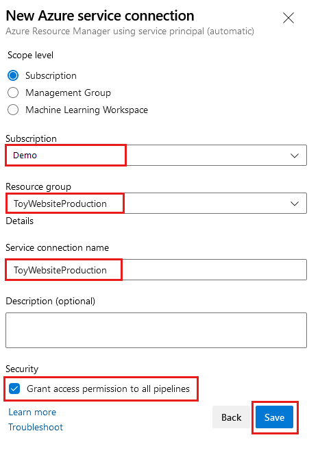 Zrzut ekranu usługi Azure DevOps przedstawiający stronę tworzenia połączenia usługi dla środowiska produkcyjnego z ukończonymi szczegółami.