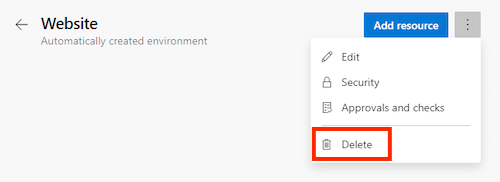 Zrzut ekranu przedstawiający interfejs usługi Azure DevOps przedstawiający środowisko testowe z wyróżnionym menu Więcej akcji i przyciskiem Usuń.