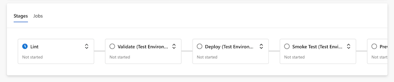 Zrzut ekranu przedstawiający etapy uruchamiania potoku w usłudze Azure Pipelines.