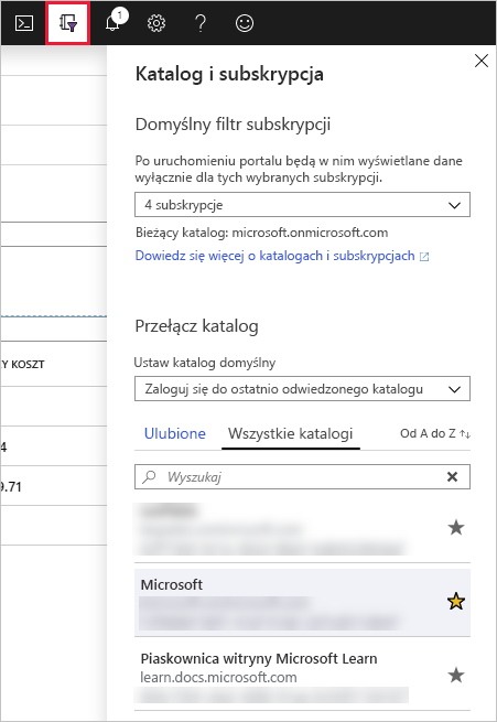 Zrzut ekranu przedstawiający okno dialogowe Wybór katalogu w witrynie Azure Portal.