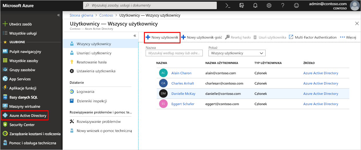 Zrzut ekranu przedstawiający przycisk Nowy użytkownik wyróżniony w centrum administracyjnym firmy Microsoft Entra.