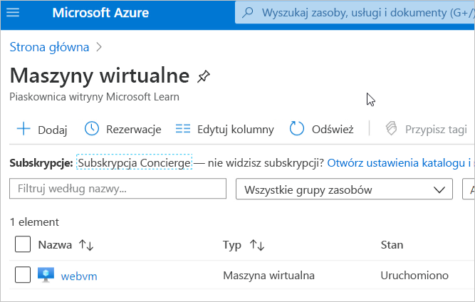 Screenshot of the Azure portal listing of virtual machines displaying webvm.