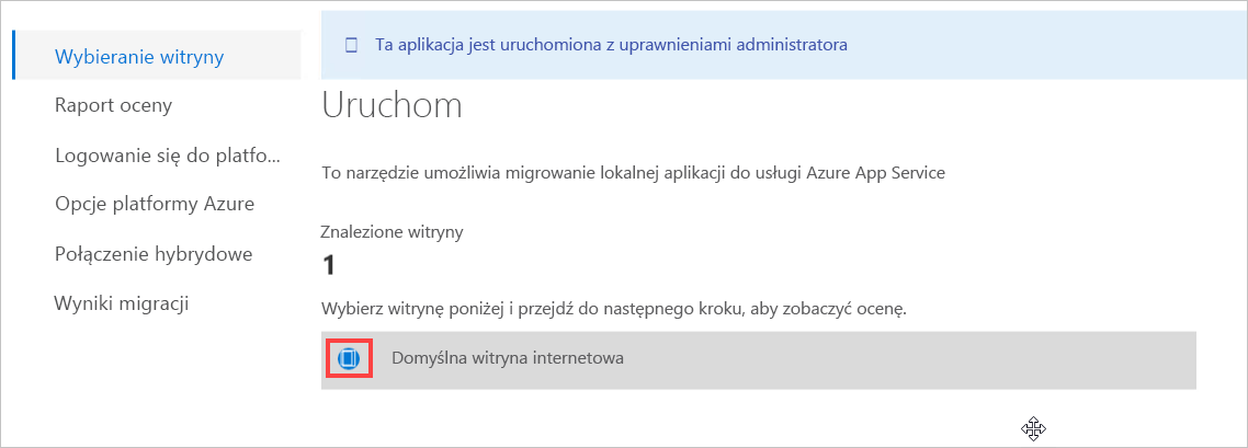 Screenshot of the first page of the Migration Assistant with a callout highlighting the option next to Default Web Site.