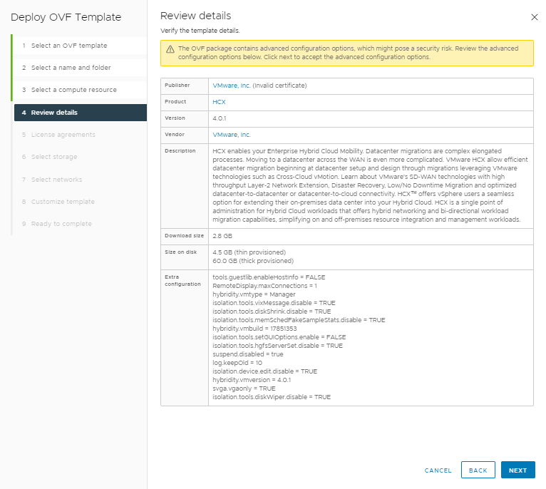 Screenshot to review advanced configuration details of the VMware HCX Connector appliance.