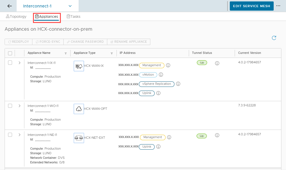 Screenshot of checking the health status of the on-premises HCX appliances.