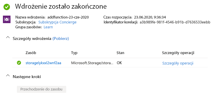 Zrzut ekranu witryny Azure Portal przedstawiający wdrożone konto magazynu.