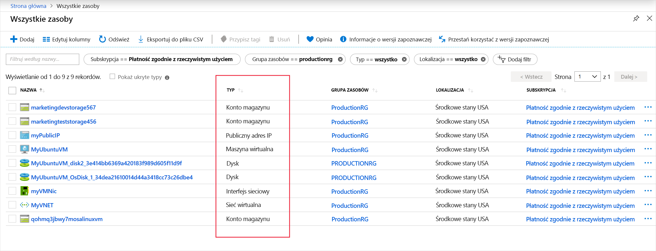 Zrzut ekranu przedstawiający kolumnę typu zasobu na stronie Wszystkie zasoby.