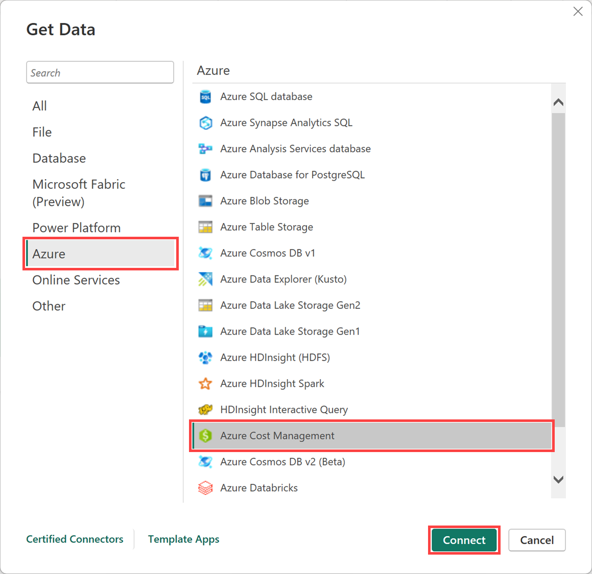 Zrzut ekranu przedstawiający łączenie z usługą Microsoft Cost Management w programie Power BI Desktop.