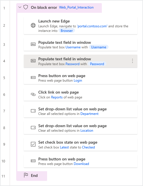 The Workspace with an example using the On block error action.