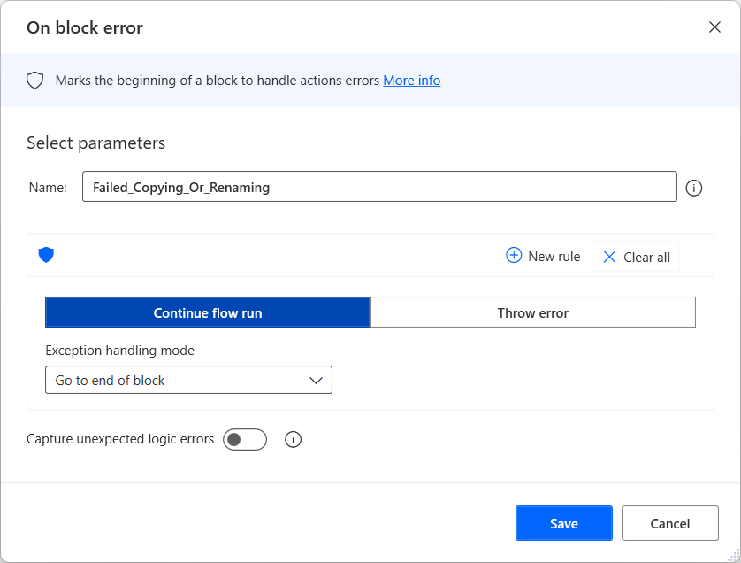 Screenshot of the On block error action.