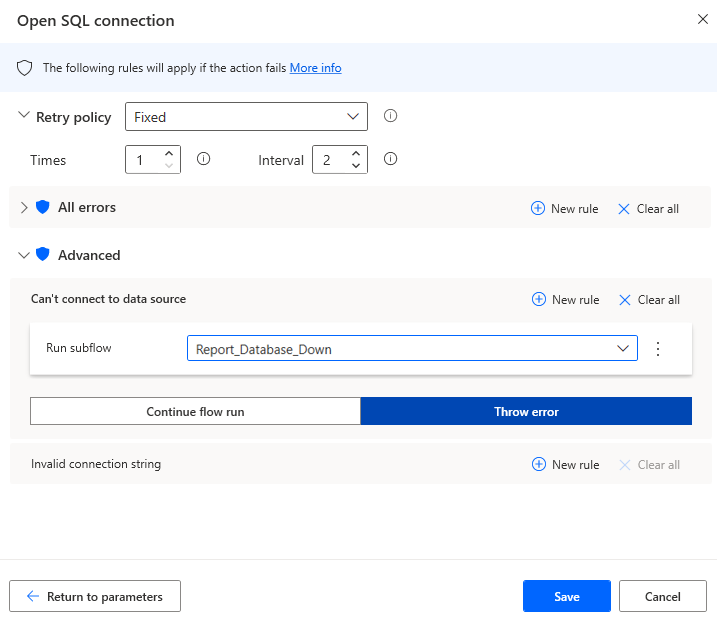 The populated Exception Handling tab in the Open SQL Connection action's properties with selected exceptions.