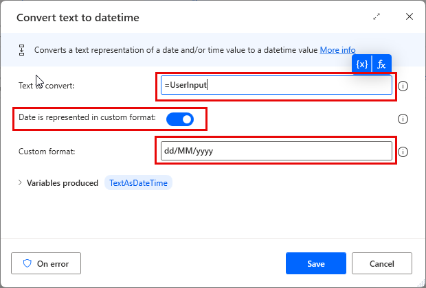 Screenshot of the Convert text to datetime action.