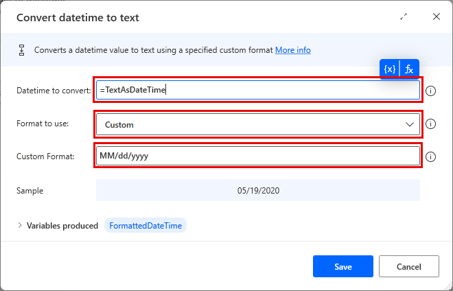 Screenshot of the Convert datetime to text action.